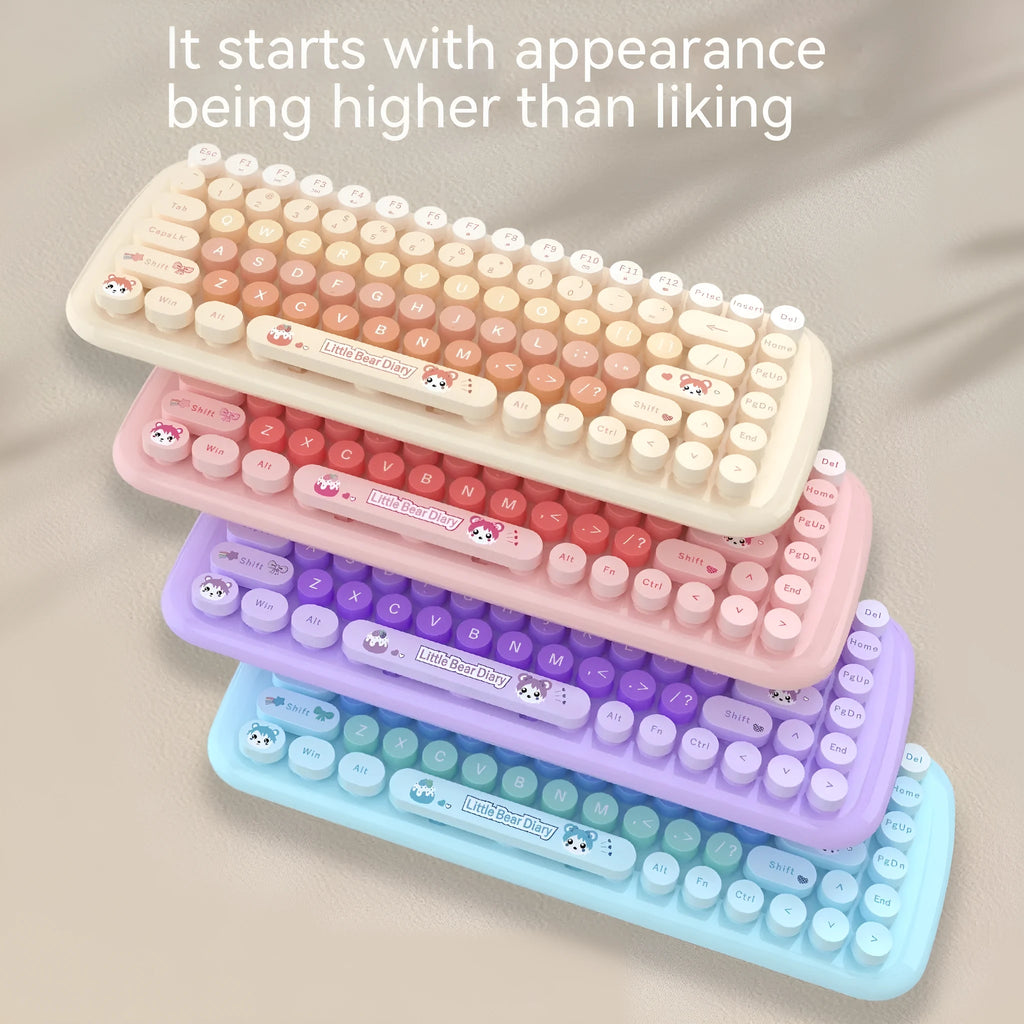 Pink wireless keyboard and mouse set with cartoon design showing keyboard dimensions of 43.5cm