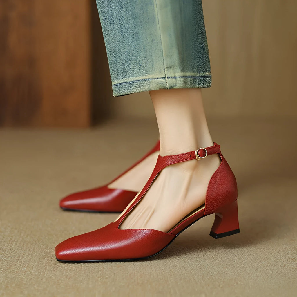 Wine red retro women's shoes with square toe, chunky heel, buckle closure and sewing lines on sheepskin leather.