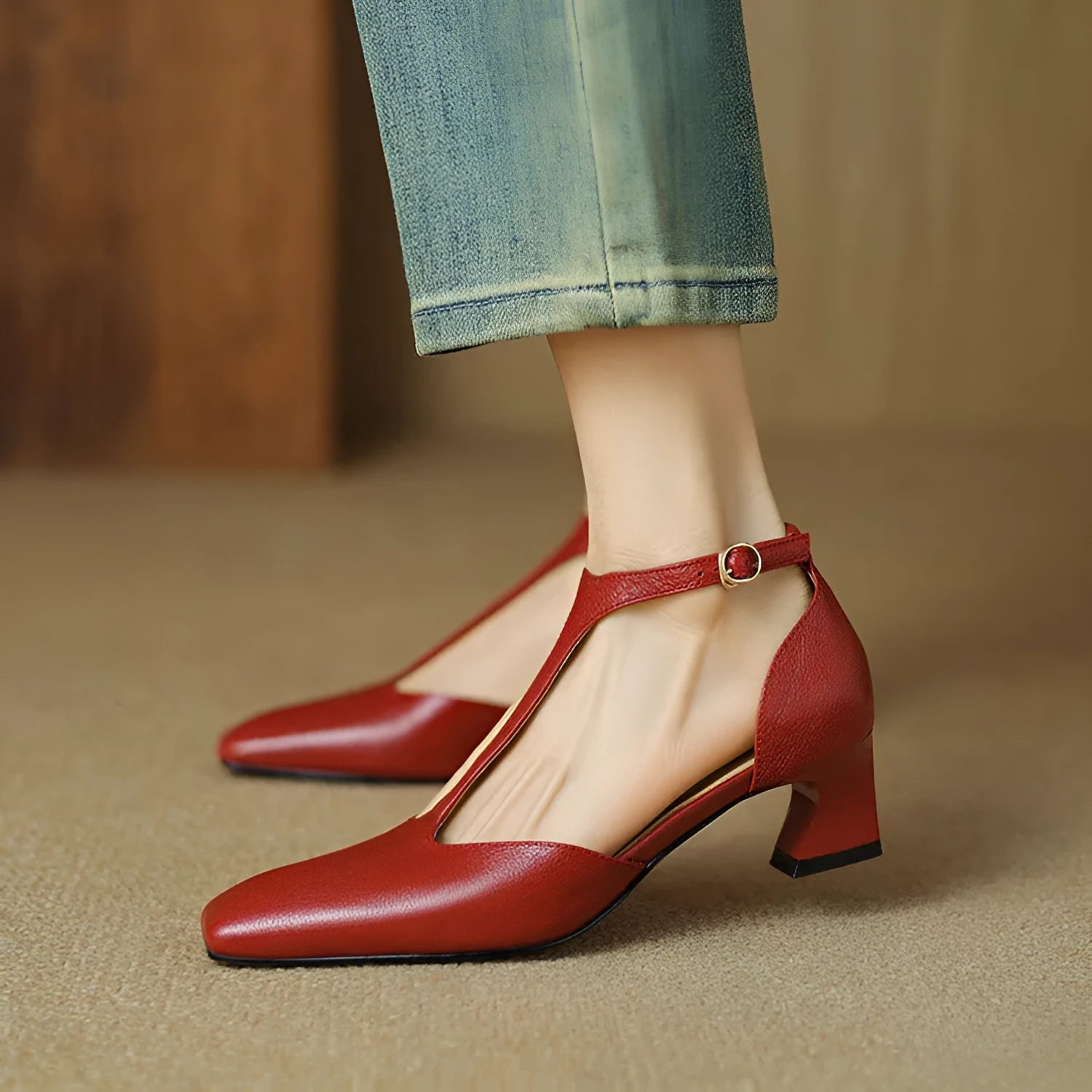 Wine red retro women's shoes with square toe, chunky heel, buckle closure and sewing lines on sheepskin leather.