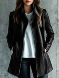 Women's black polyester leather-style jacket with long sleeves and medium length