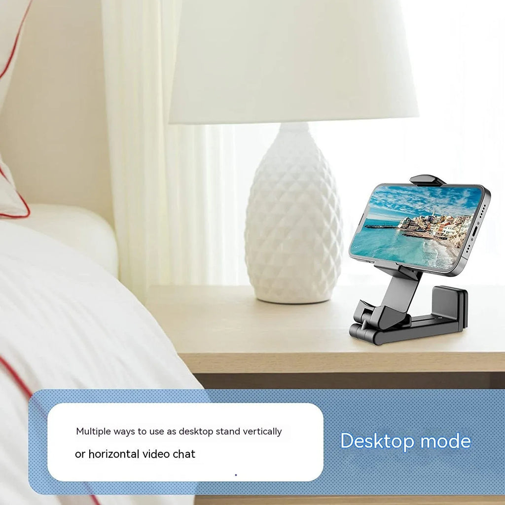 Foldable rotating universal smartphone stand in black, grey, or green colour on a flat surface