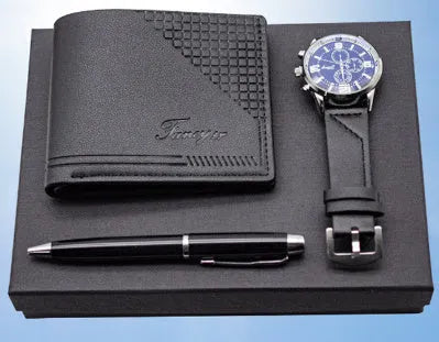 Business gift set containing wallet, pen and watch in modern simple style gift box