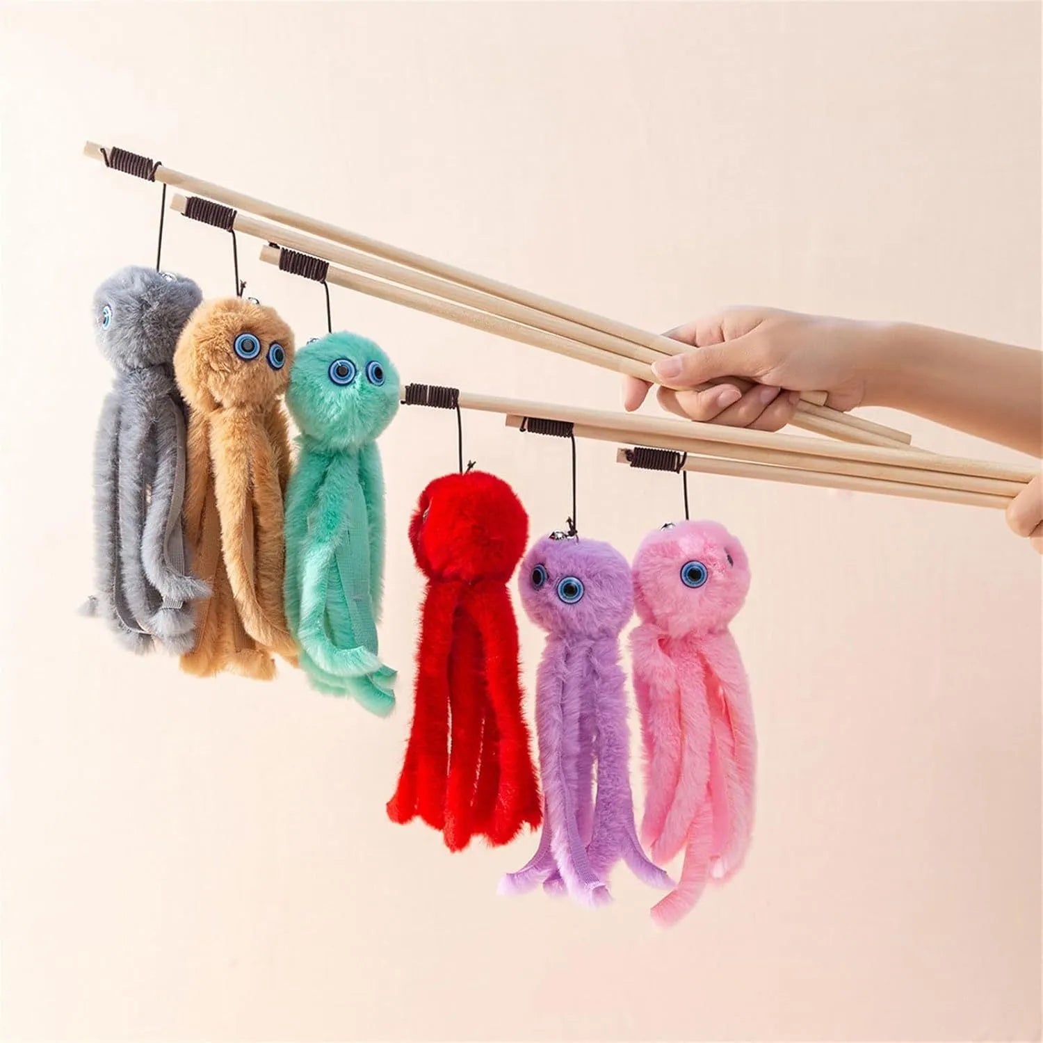 Octopus cat toy on 40cm stick in four colours for indoor feline play