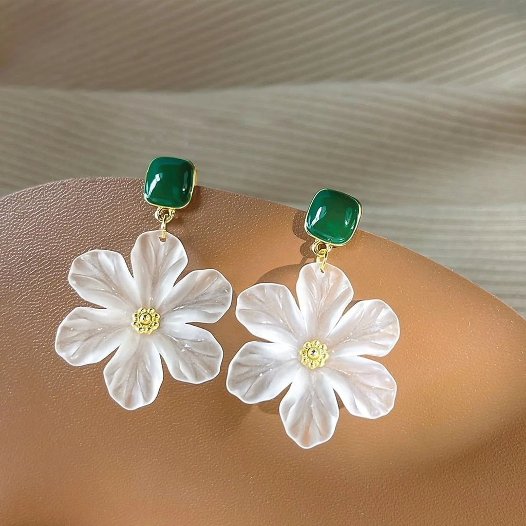 Dark green alloy drop earrings with floral needle flowers sweet filigree design