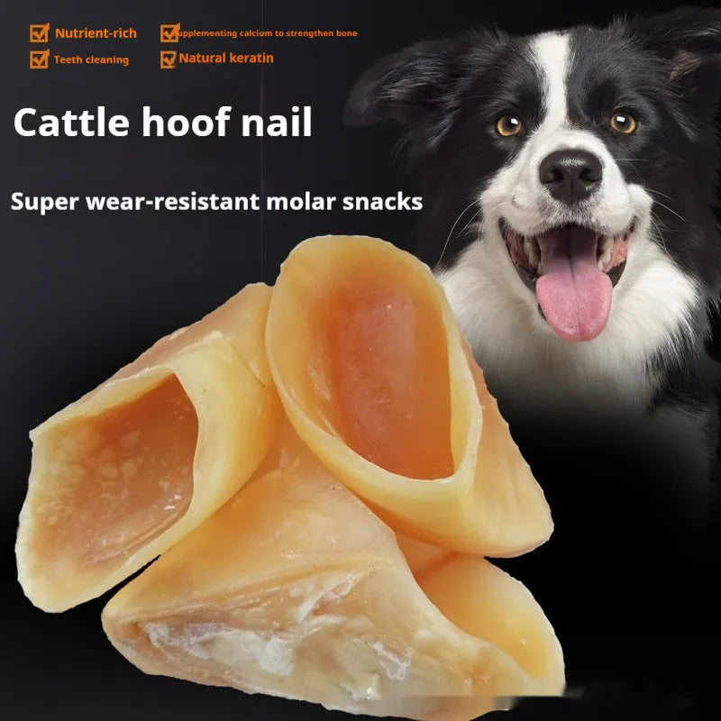 Natural cowhide anti-bite dog chew snack in hoof shell colour with size options for small and large dogs