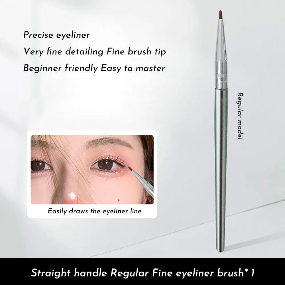Angled bend head eyeliner brush for under eye and tear trough makeup application