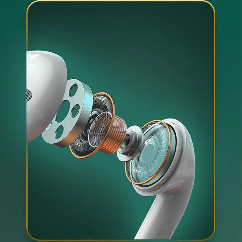 White Budz5 semi-in-ear Bluetooth headphones with charging case showing wireless design and noise reduction feature