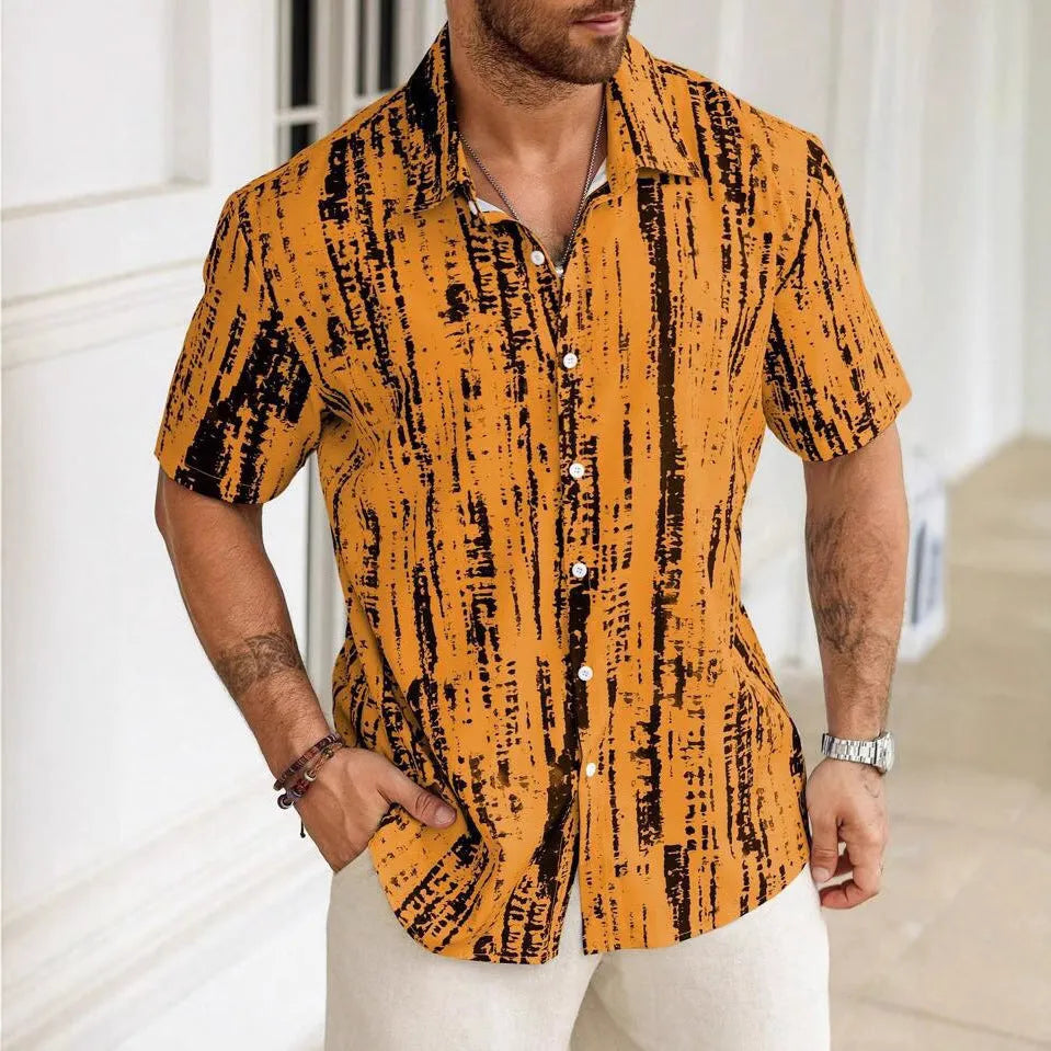 Men's 3D printed short sleeve casual shirt with stripe pattern in apricot colour