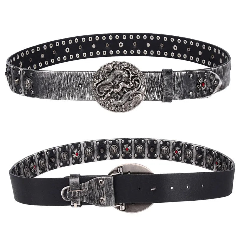 Men's black leather belt with punk rivet detailing and an alloy buckle