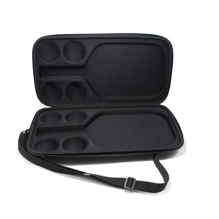 Black EVA pickleball storage bag with double shoulder straps showing dimensions