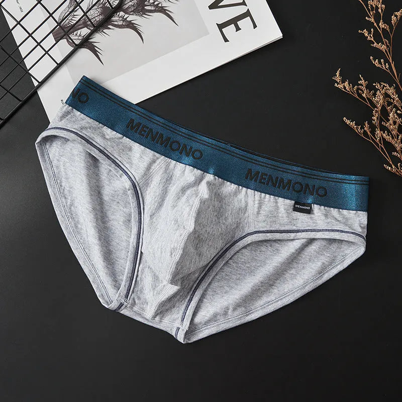 Men's low waist cotton briefs in a grey and red colour-block pattern.