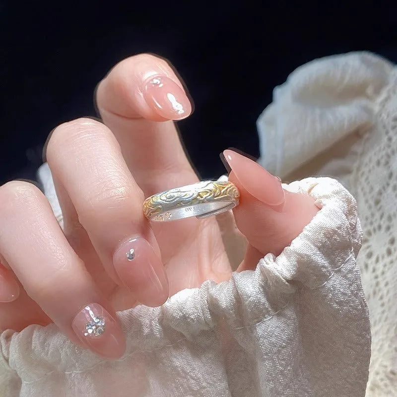 Adjustable open mouth silver gold electroplated ring with Xiangyun cloud pattern on white copper metal