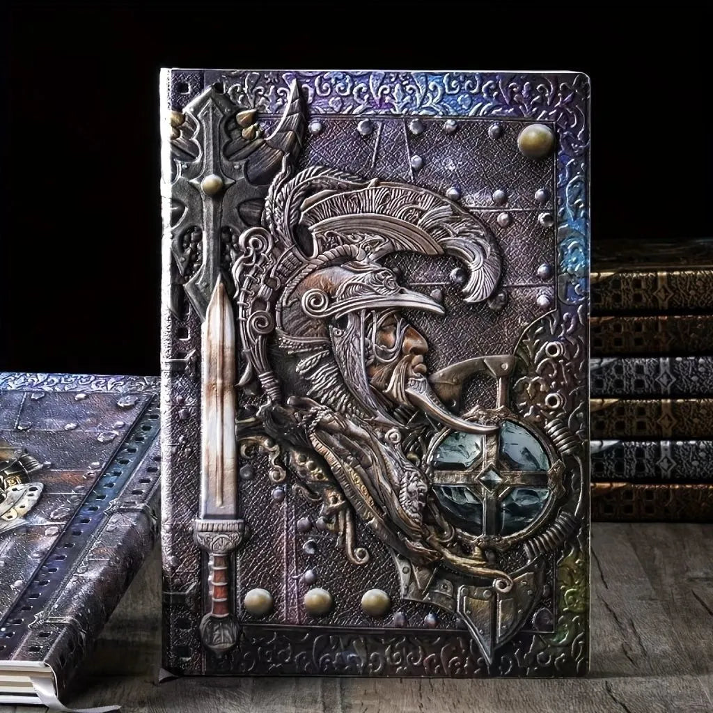 Handmade leather A5 notebook with 3D warriors embossed relief cover showing bronze colour option