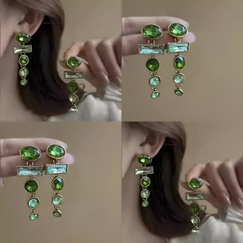 Green gradient retro earrings with geometric Chinese design and zircon inlay