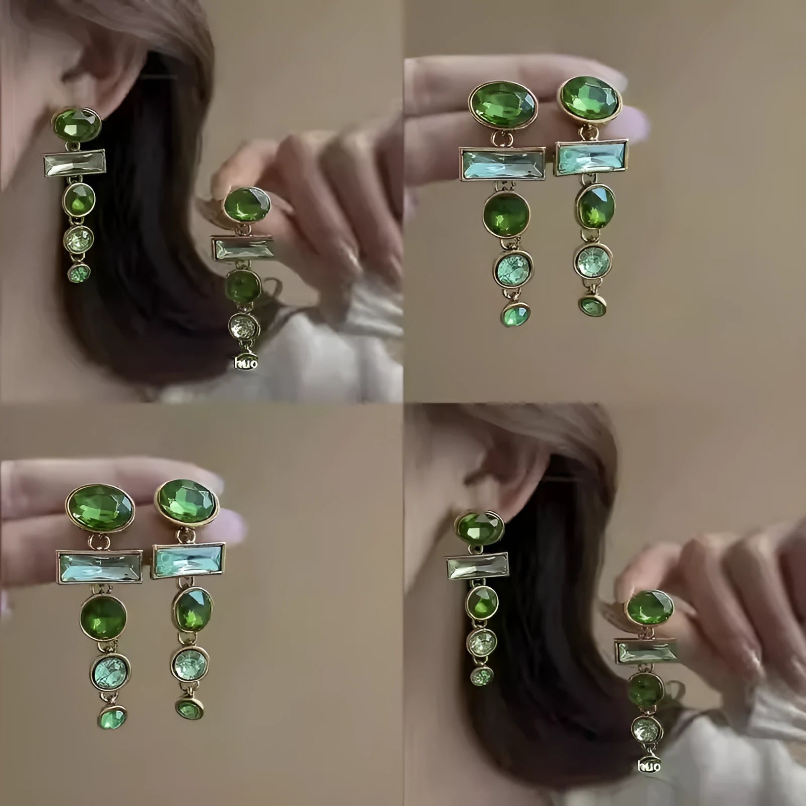 Green gradient retro earrings with geometric Chinese design and zircon inlay