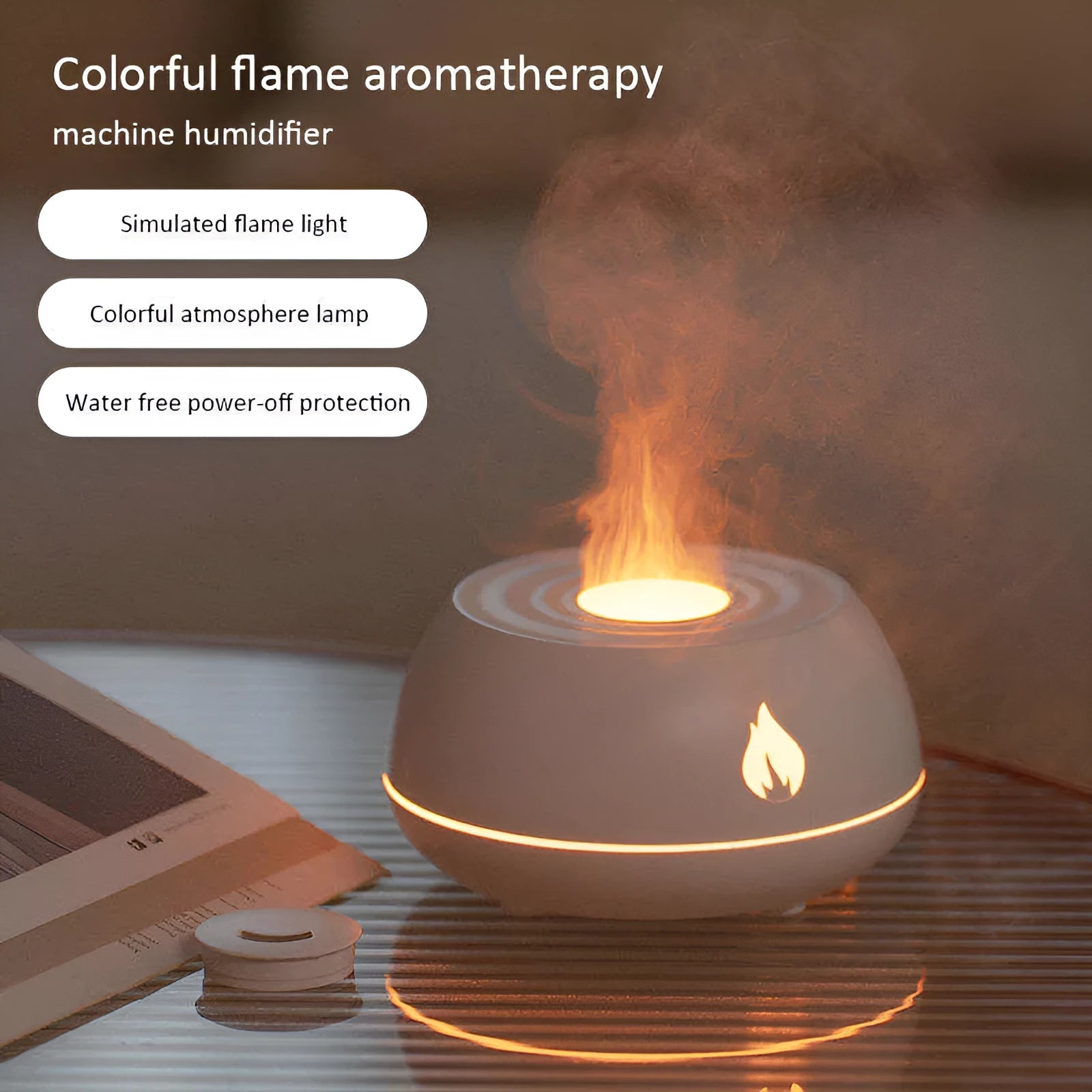 Flame humidifier aromatherapy diffuser with 7 colour night light, 130ml USB, in black