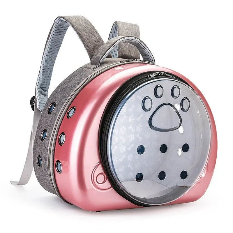 Transparent space capsule style cat carrier bag in PC canvas with Rose Gold front cover.
