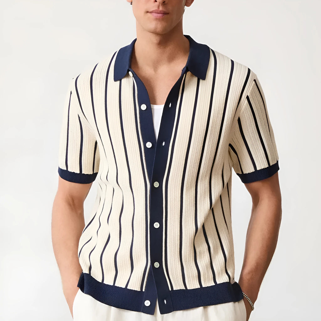 Men's white knitted short sleeve shirt with asymmetric lapel design and striped pattern detail