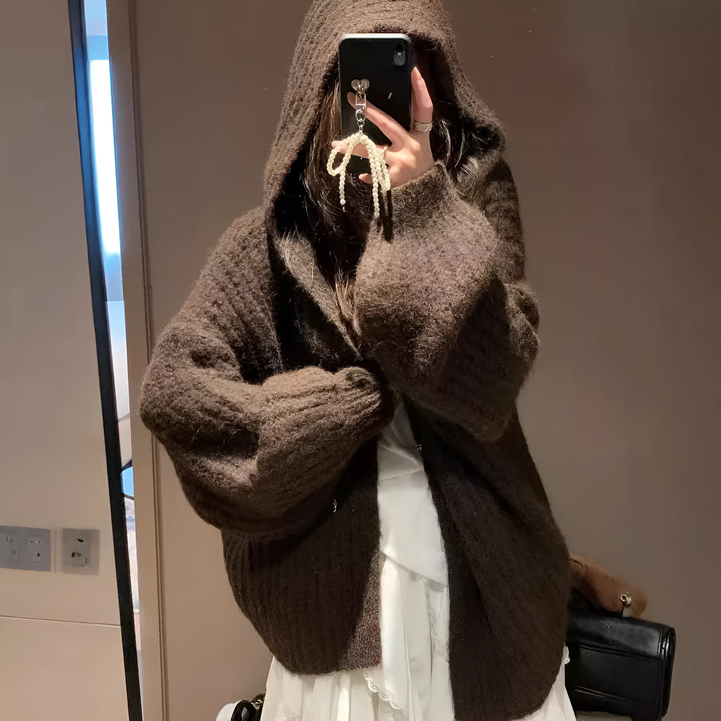 Women's retro Maillard hooded cardigan in thick acrylic fabric available in dark grey, brown and milky white colours