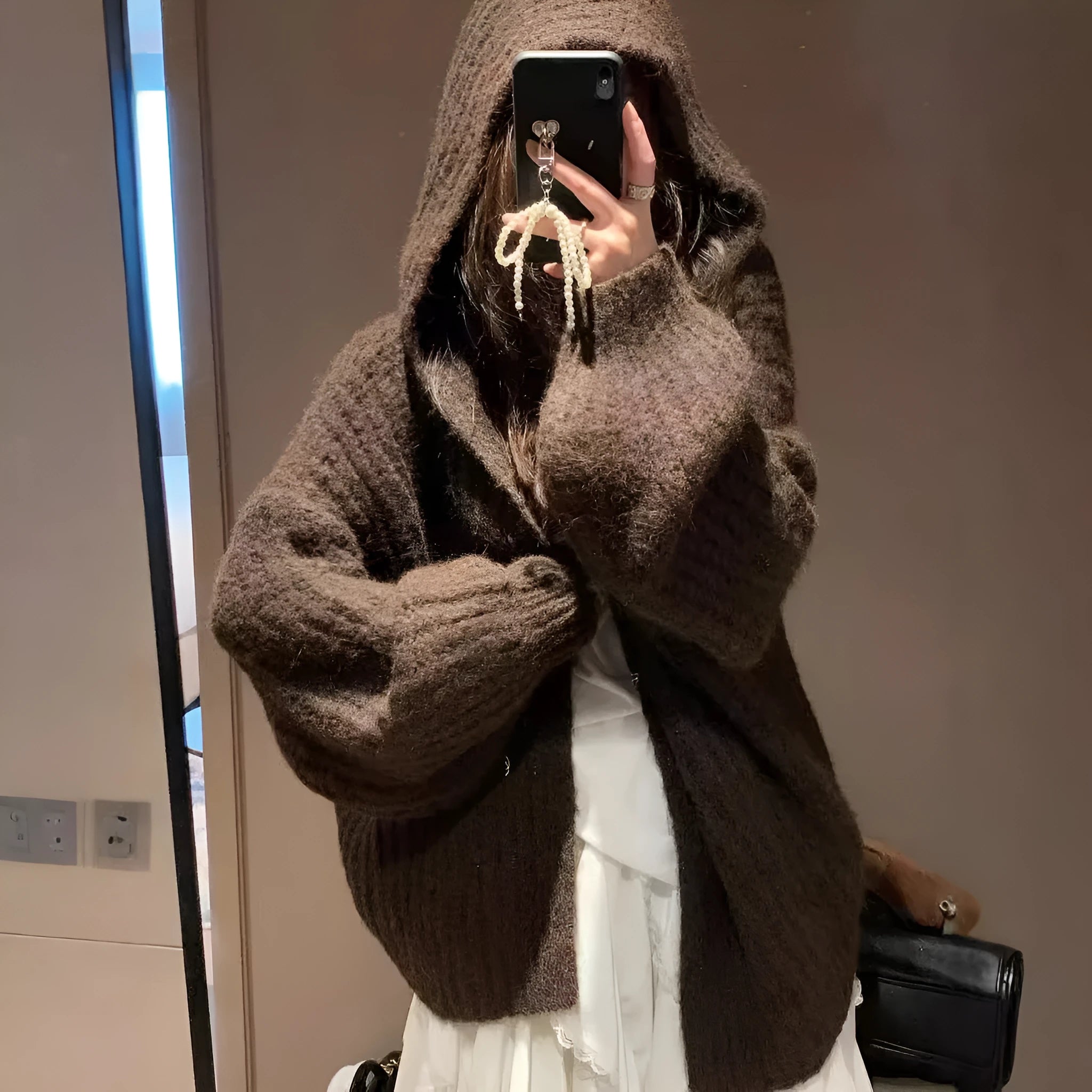 Women's retro Maillard hooded cardigan in thick acrylic fabric available in dark grey, brown and milky white colours