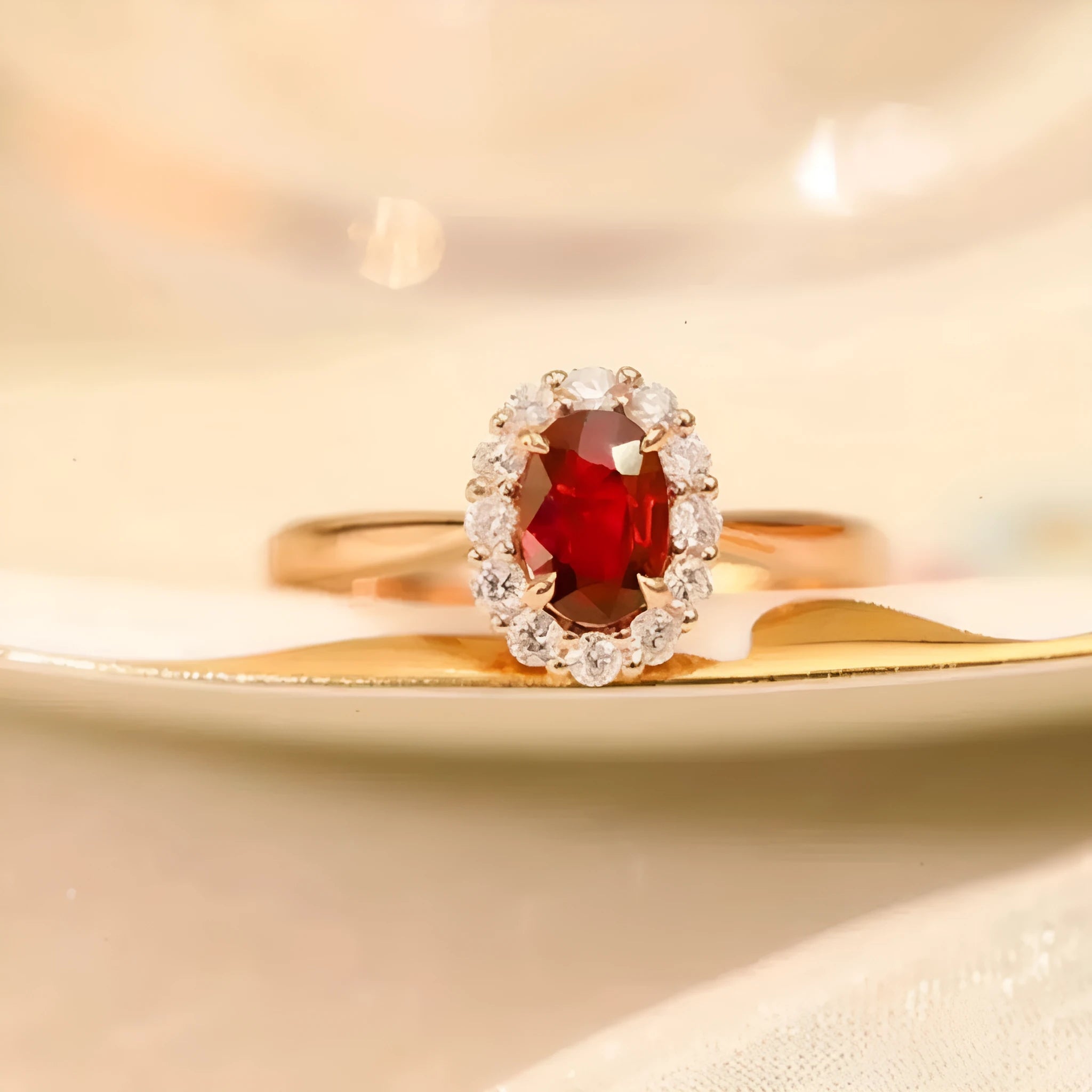 Women's silver ring with gold pigeon and red gemstone floral inlay on a finger.