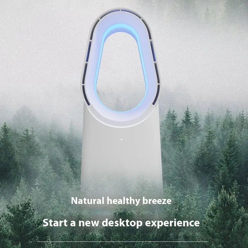 White bladeless tower fan with remote control and touch screen buttons