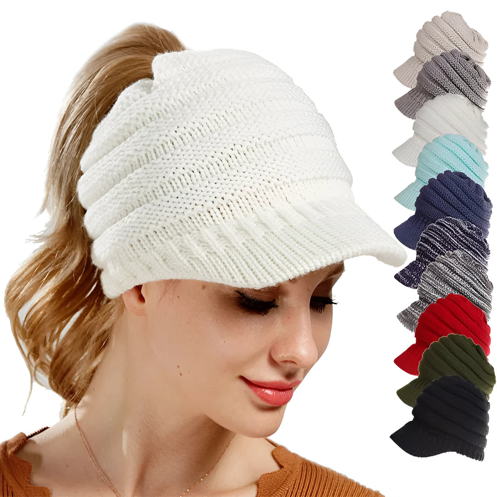 Women's soft acrylic ponytail beanie in light grey, showing the opening for a ponytail.