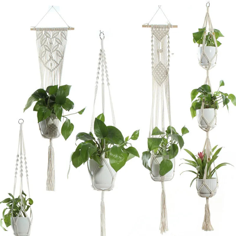 Beige handmade cotton rope hanging basket sling holding a flower pot with 12-18cm bottom diameter