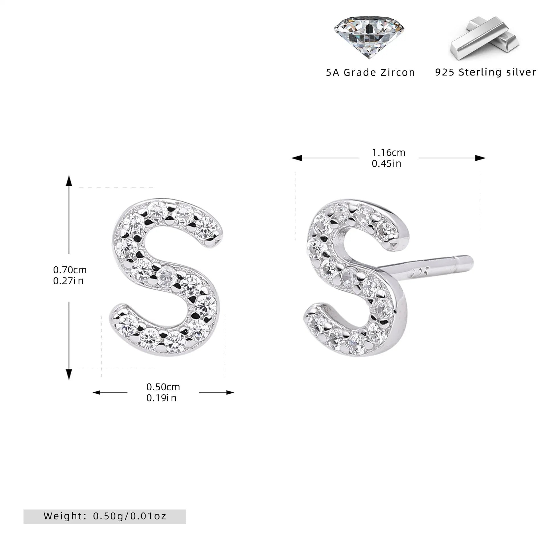 925 silver letter ear stud with electroplated gold finish, alphabet motif