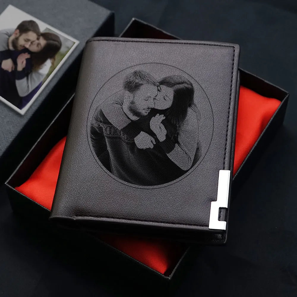 Men's leather wallet with zipper closure, individually packaged for gifting.