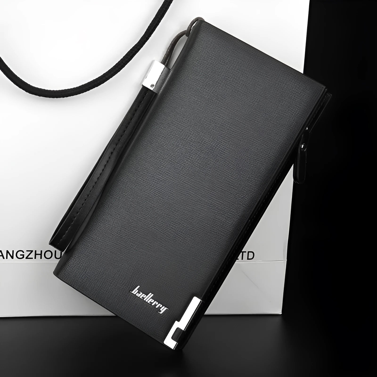 Men's black PU leather wallet featuring a long silver zipper across the top.