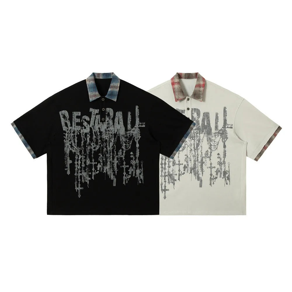 Men's loose fit short-sleeved top with graffiti printing on asymmetric lapel, in cotton fabric.
