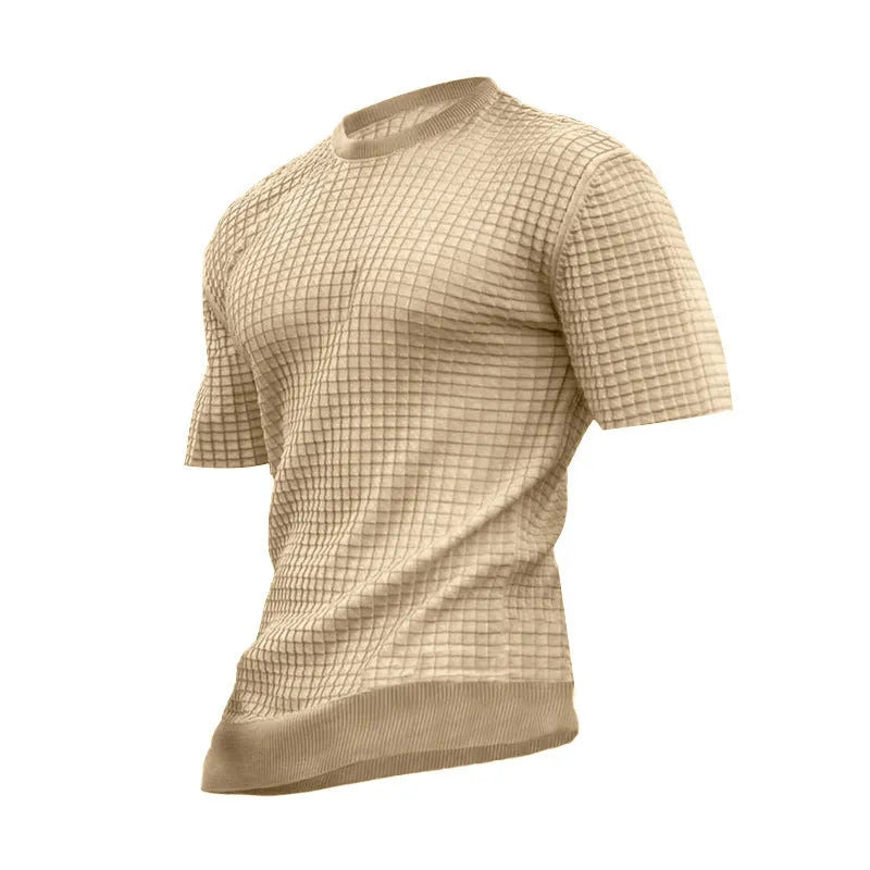 Men's round neck stretch casual trend polyester t-shirt in army green on a white background