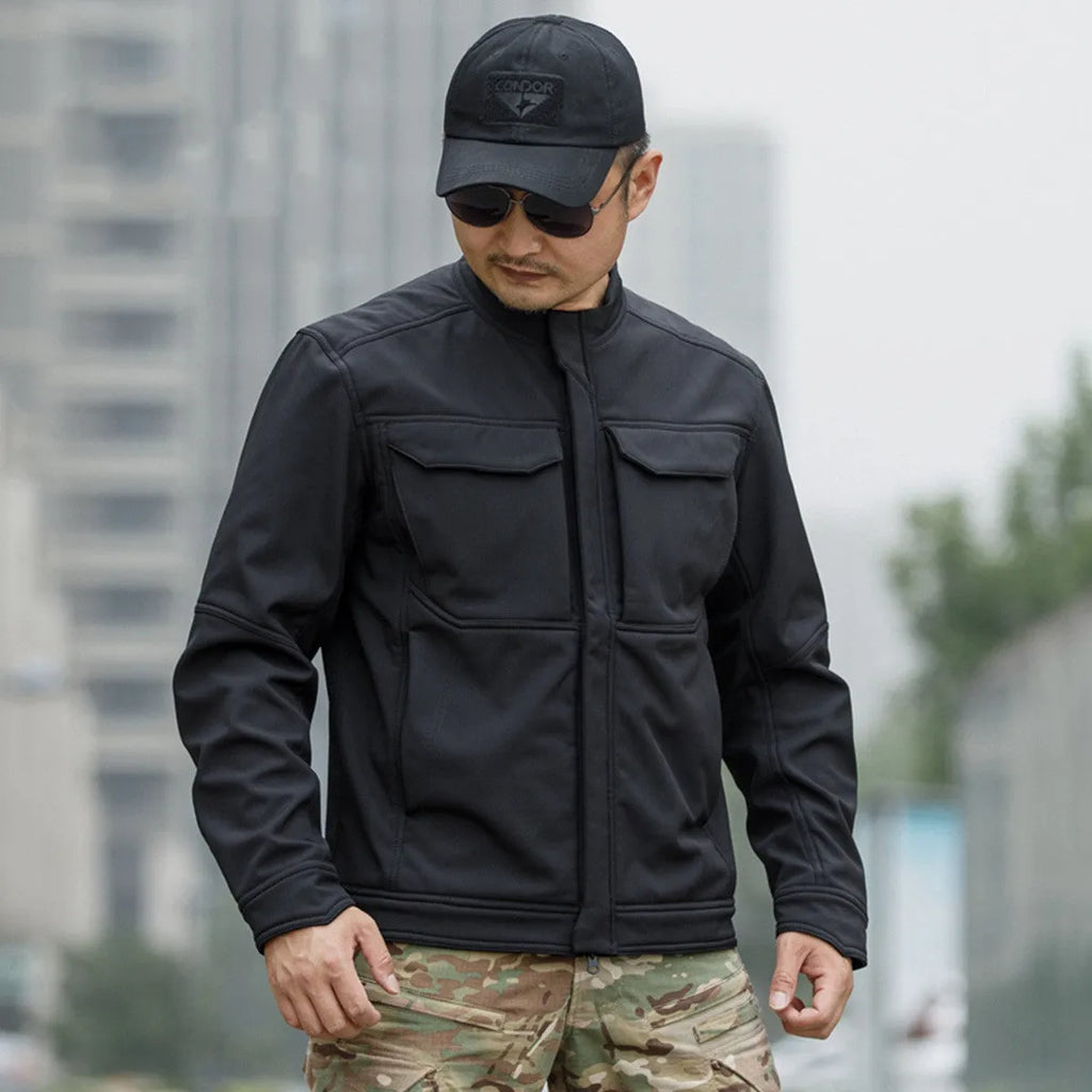 Tactical soft shell jacket in black colour for mountaineering and camping