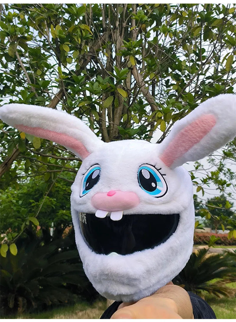 White plush rabbit head helmet cover for electric motorcycle with long ears and needle plush detailing