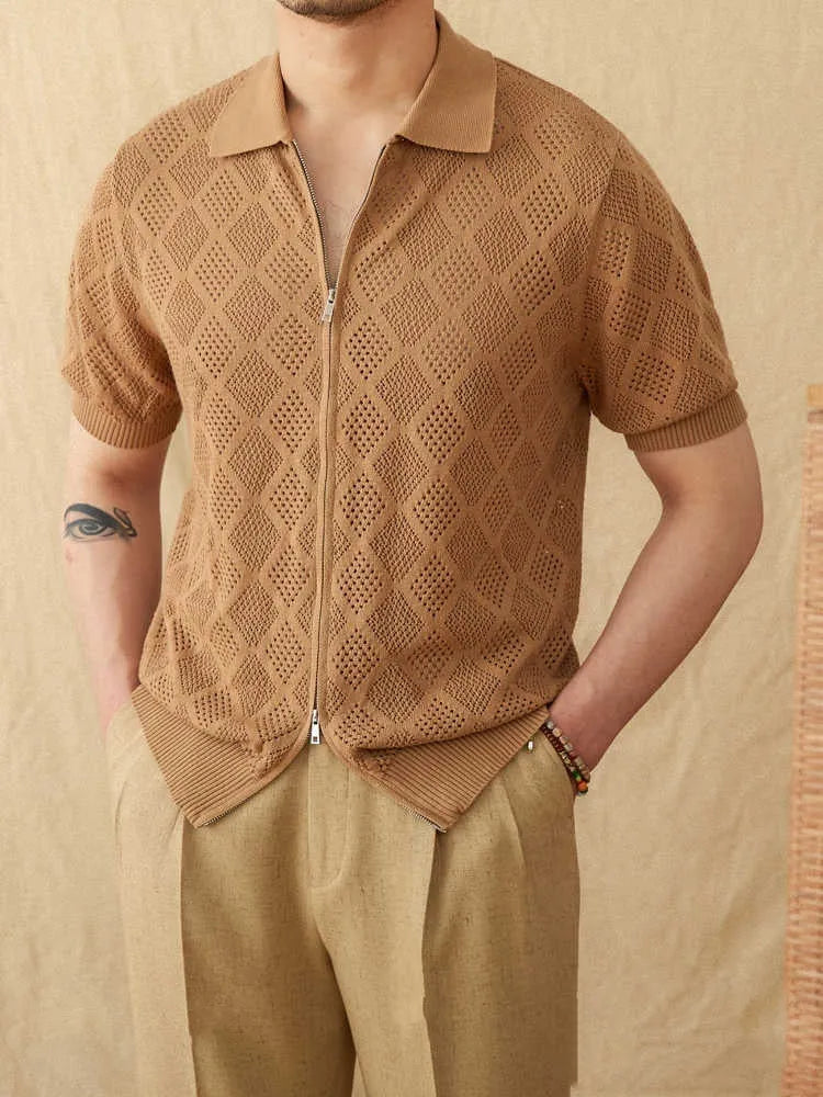 Light brown cotton cardigan with lapel collar, short sleeves, and a front zipper