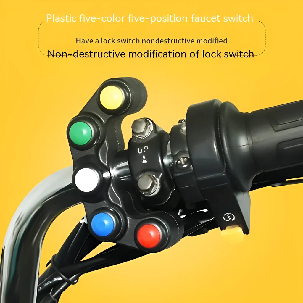 Plastic five-position vehicle rocker switch with red, yellow, blue, green, and white buttons and 52cm wire