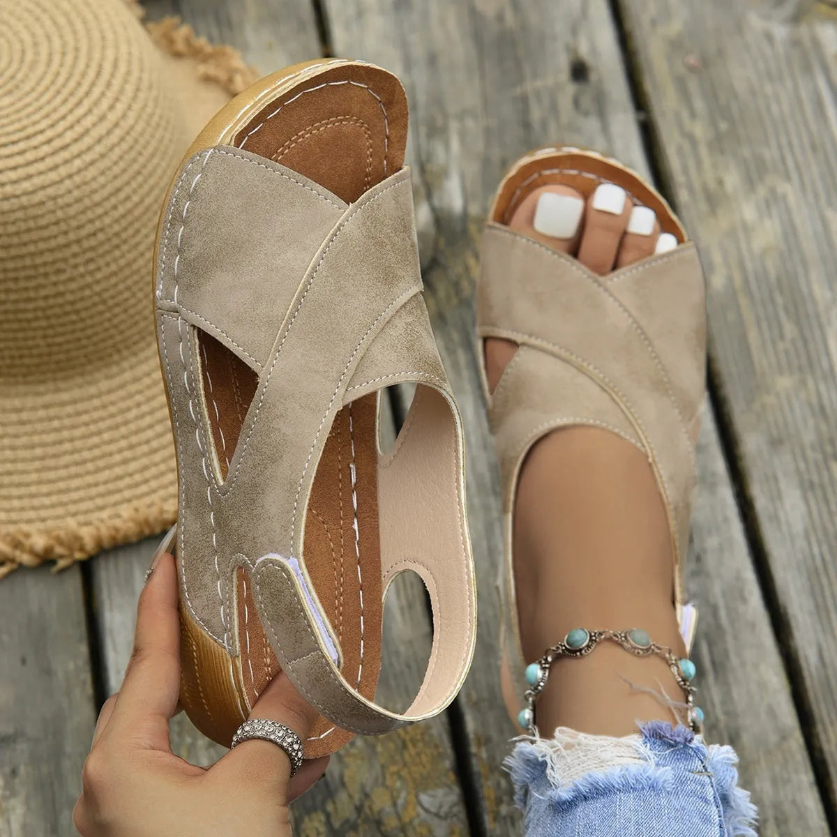 Roman platform wedge sandals with Velcro strap in coffee colour on a rubber sole.