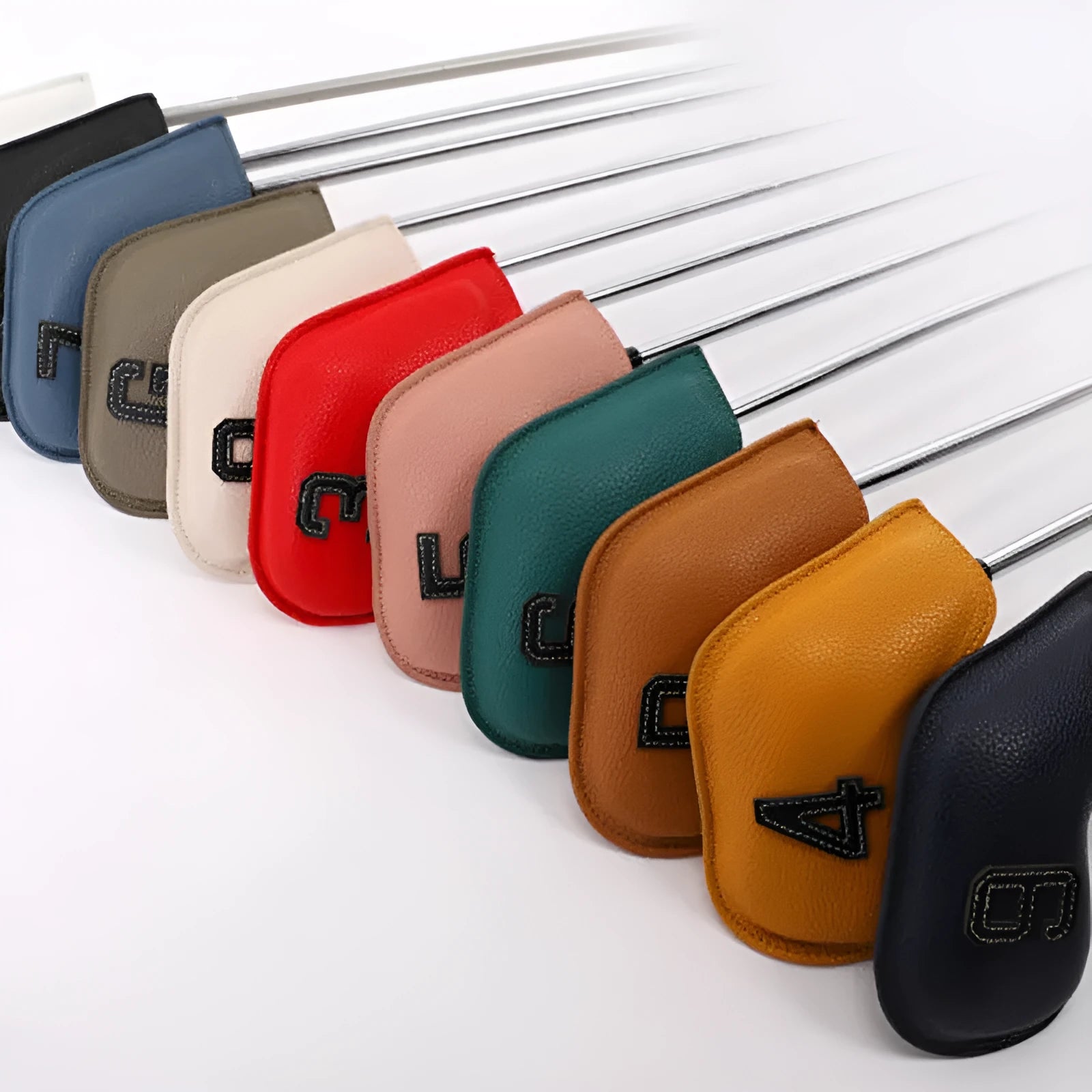 Set of 10 minimally digitally printed PU golf club head covers in assorted colours