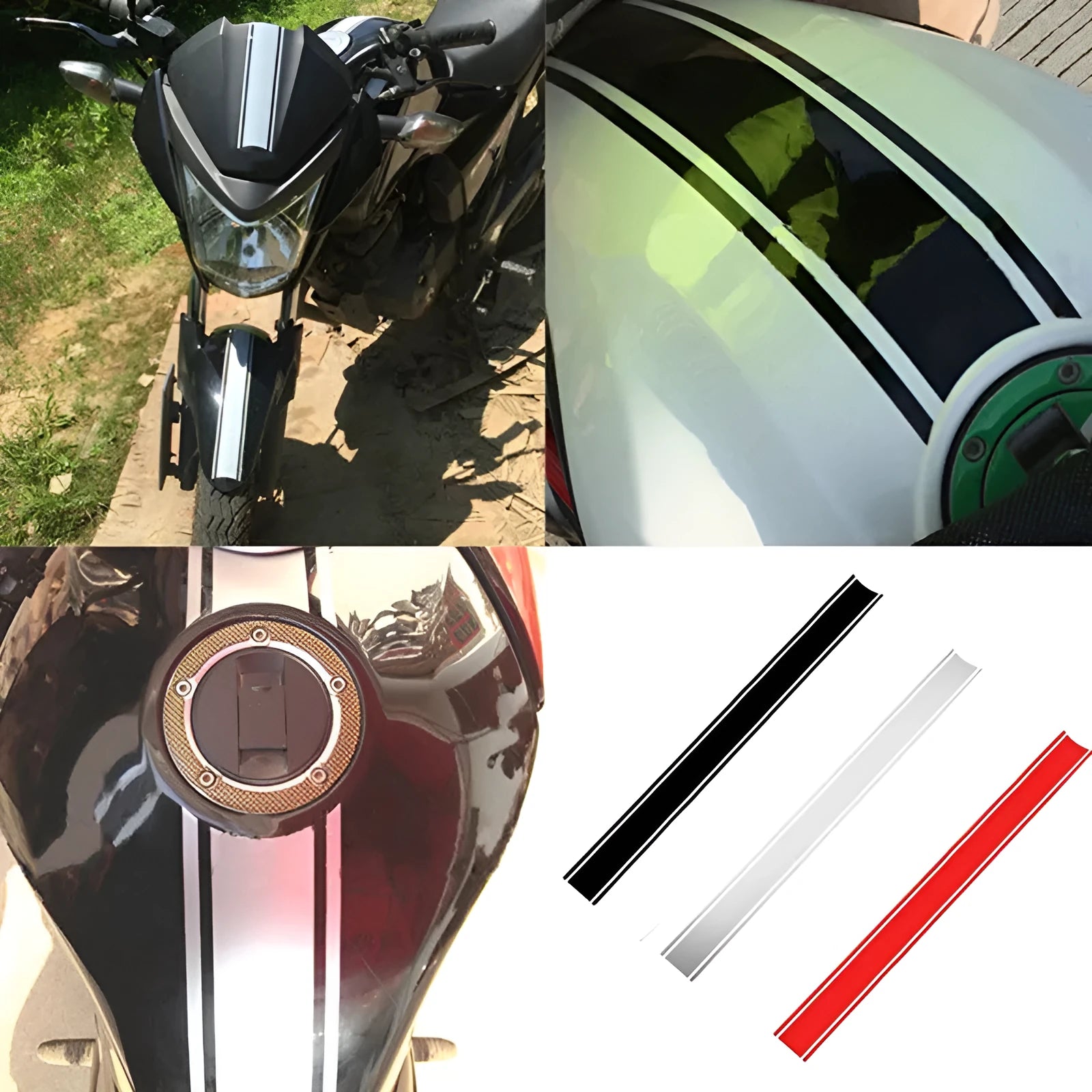 Motorcycle reflective pinstripe sticker showing 50cm black vinyl strip for gas tank lid application