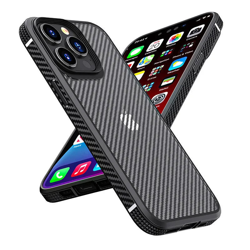 Black iPhone 13 protective case with carbon fibre pattern on a table