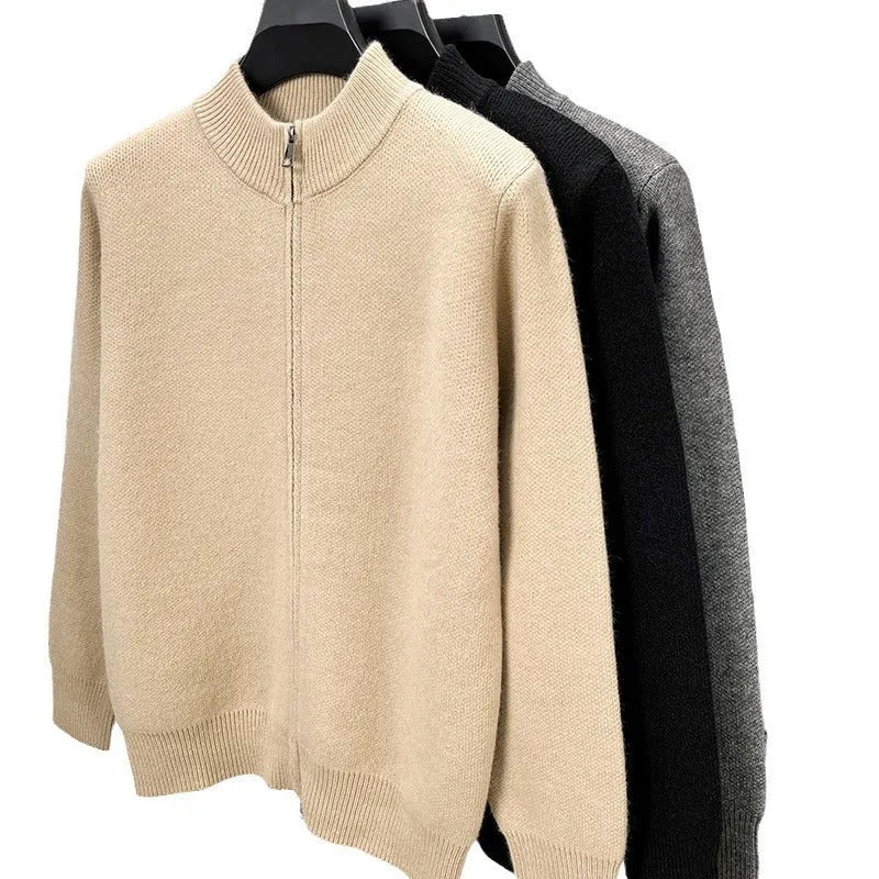 Men's stand collar knitted cardigan with full-length zipper in black, grey and beige colours