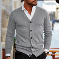 Men's slim-fit acrylic cardigan sweater in dark grey colour on a hanger