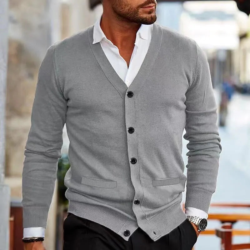 Men's slim-fit acrylic cardigan sweater in dark grey colour on a hanger