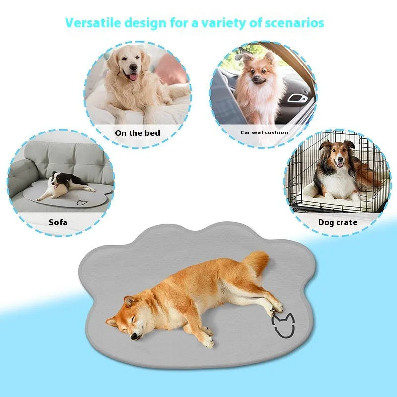 Ice silk dog cooling mat on a wooden floor, showing its rectangular shape and non-slip base, available in dark gray, green, light gray, and rice colours.