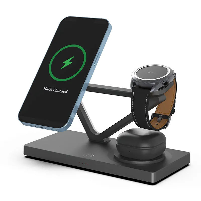 White five-in-one wireless charging station with night lamp, phone charging bracket, watch charger and circular charging base