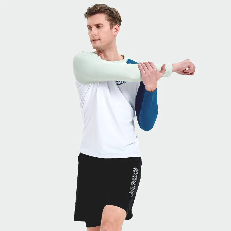 Men's white long-sleeved swim top with matching double-layer blue swim trunks for beach sports