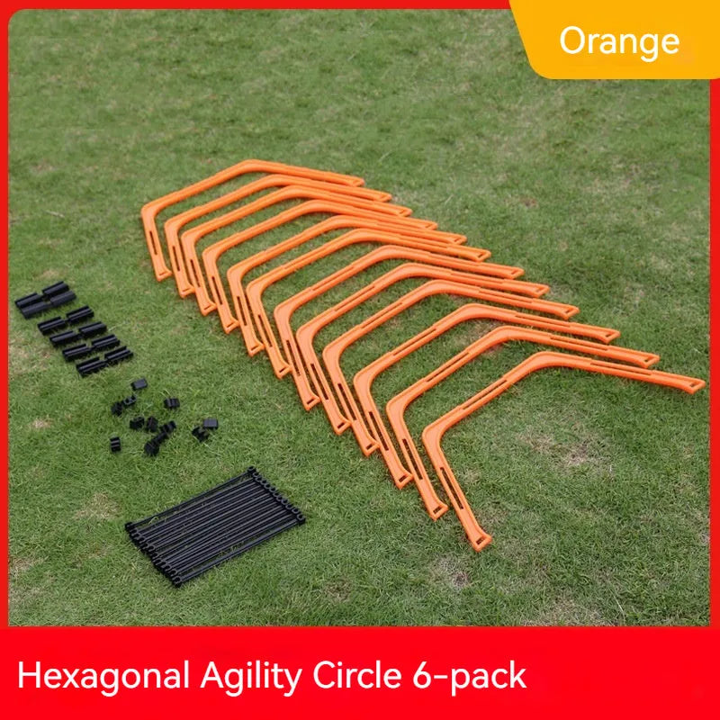 Six foldable hexagon football agility training rings in yellow, green and orange colours