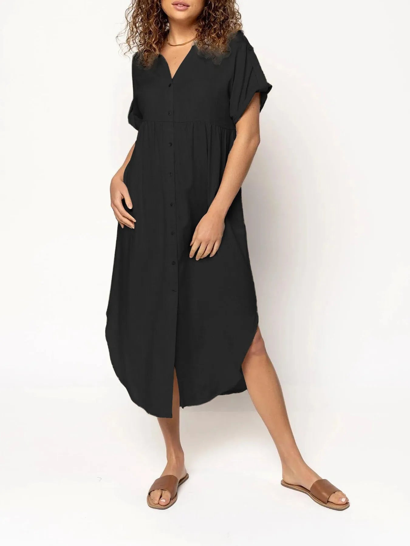 Women's casual button front mid-length dress in solid colour with regular sleeves and loose fit
