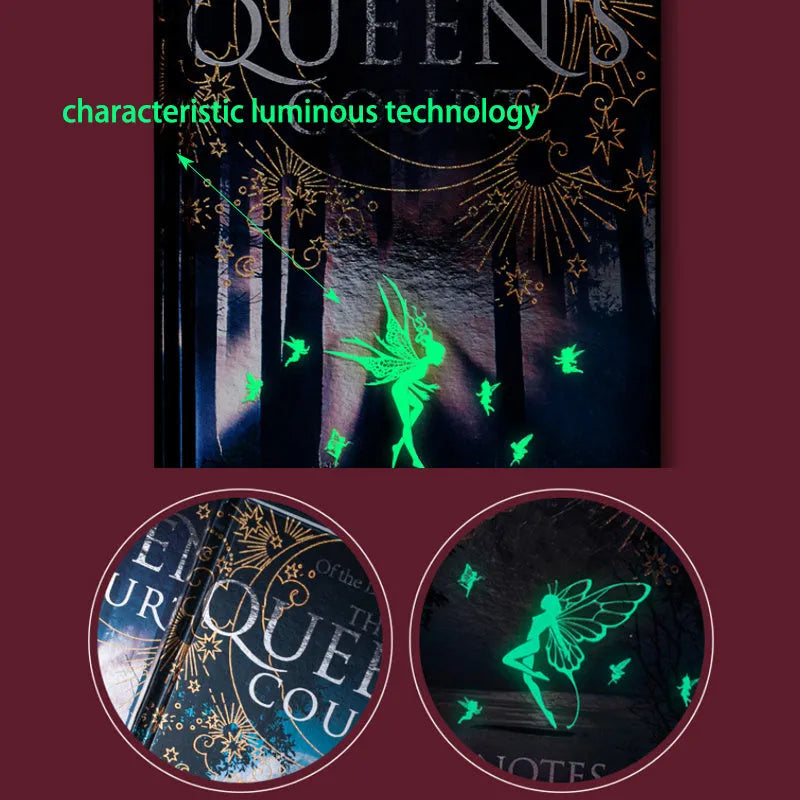 A5 luminous hardcover notebook with retro night elves design, showing blue and purple colour options.